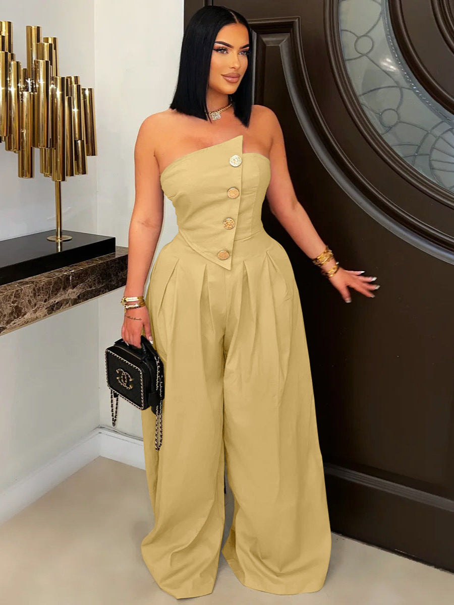 Women Fashion Solid Color Strapless Jumpsuits