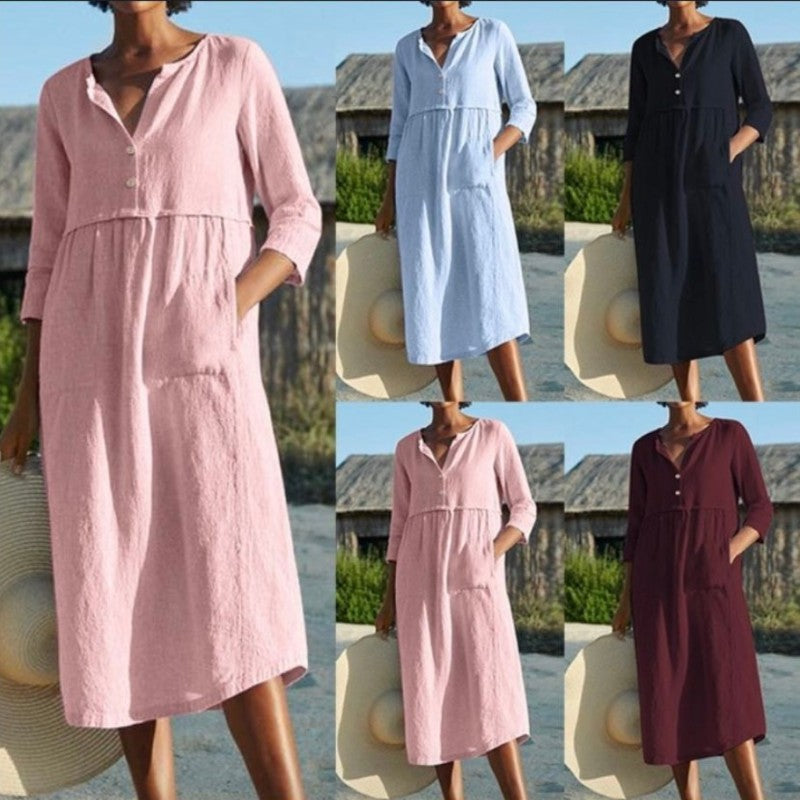 Robe d'été à col rond et poches boutonnées pour femme