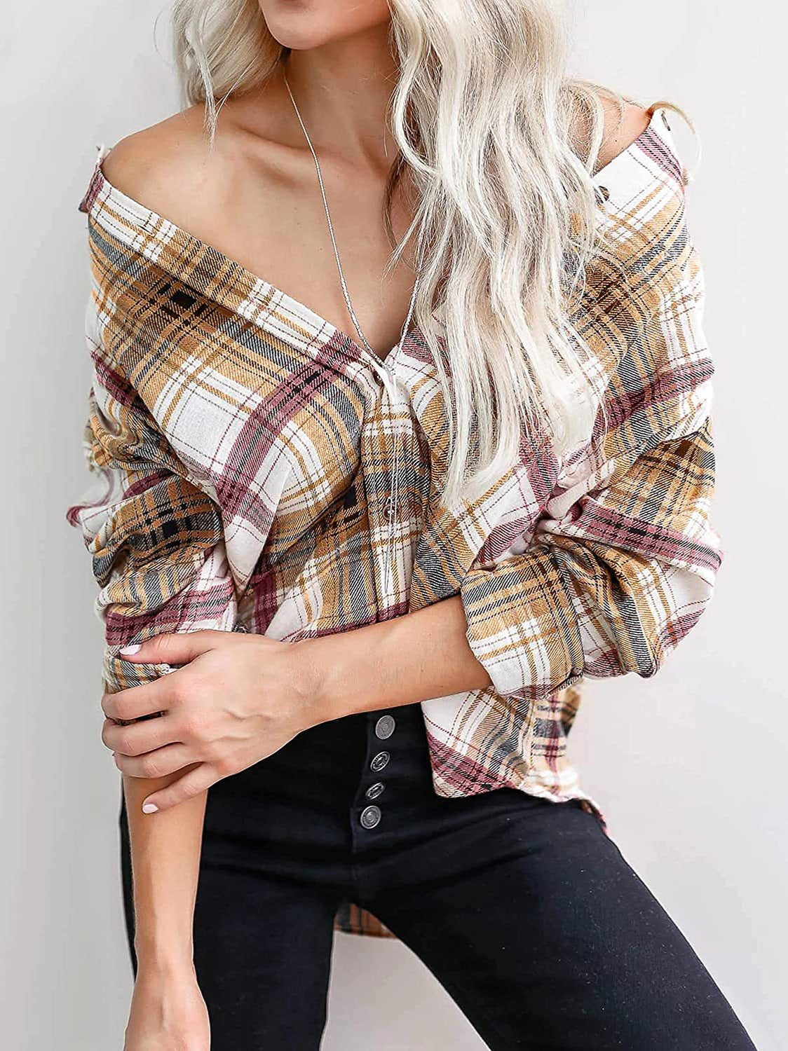 Blusa informal de manga larga con cuadros y bloques de color para mujer