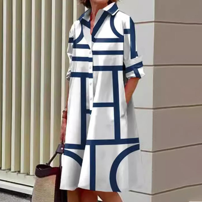 Vestido informal de manga larga con solapa y estampado para mujer