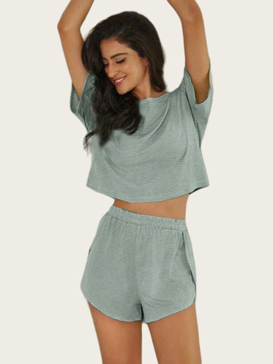 Women Casual Stripe Short-Sleeve T-Shirt and Shorts Set