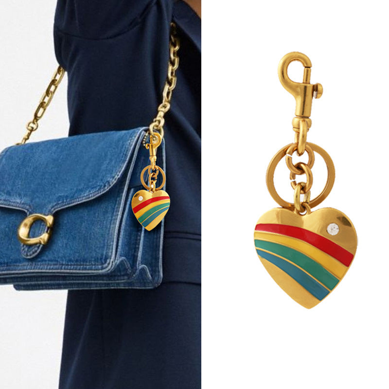 Rainbow Heart Rhinestone Bag Hanging Pendant Key Chain