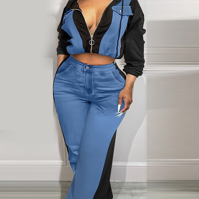 Casual Women Zipper Denim Stitching Two-Piece Set Cotton Blend Stylish