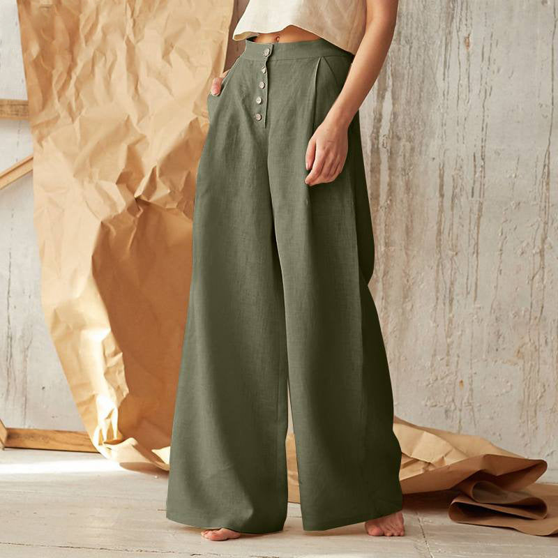 Pantalon large taille haute décontracté de couleur unie pour femme