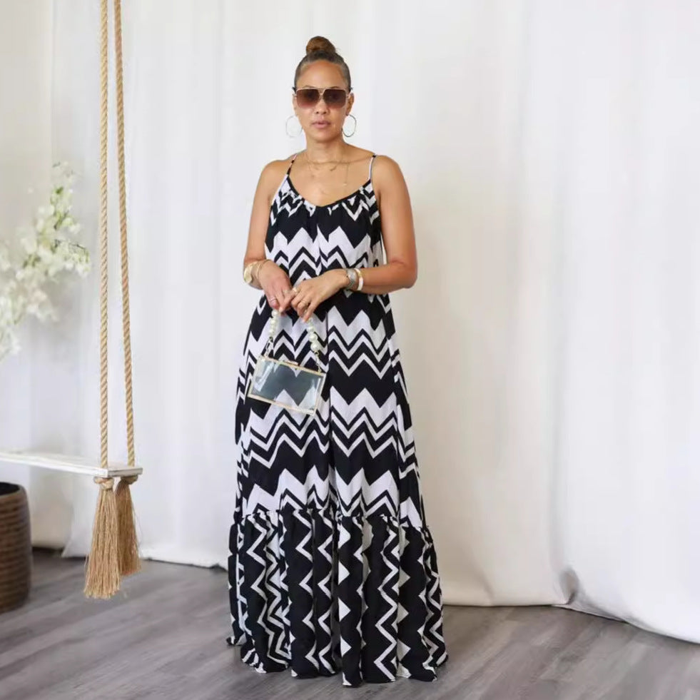 Women Fashion Casual Plus Size Printed Spaghetti Strap Backless Dress