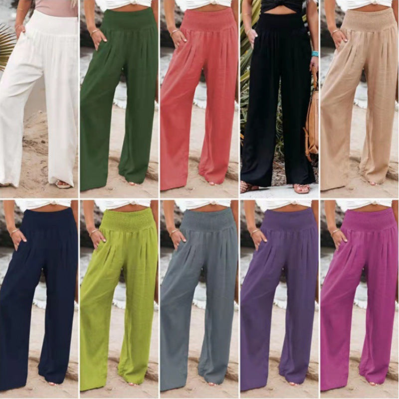 Pantalones anchos casuales de algodón y lino para mujer