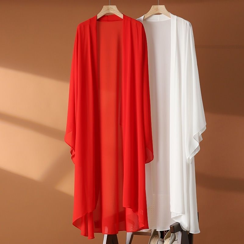 Manteau décontracté à manches longues en mousseline de soie de couleur unie pour femme