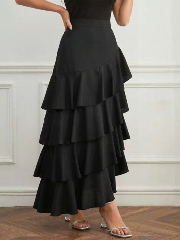 Women Fashion Casual Solid Color Ruffled High Waist Skirt