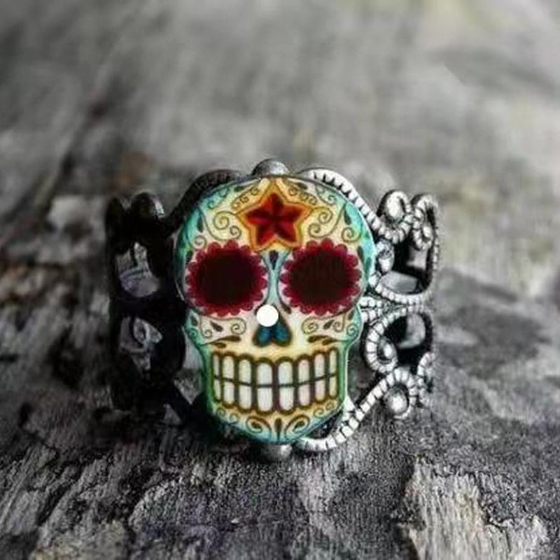 Anillo de metal con calavera de demonio grabada estilo vintage para hombre