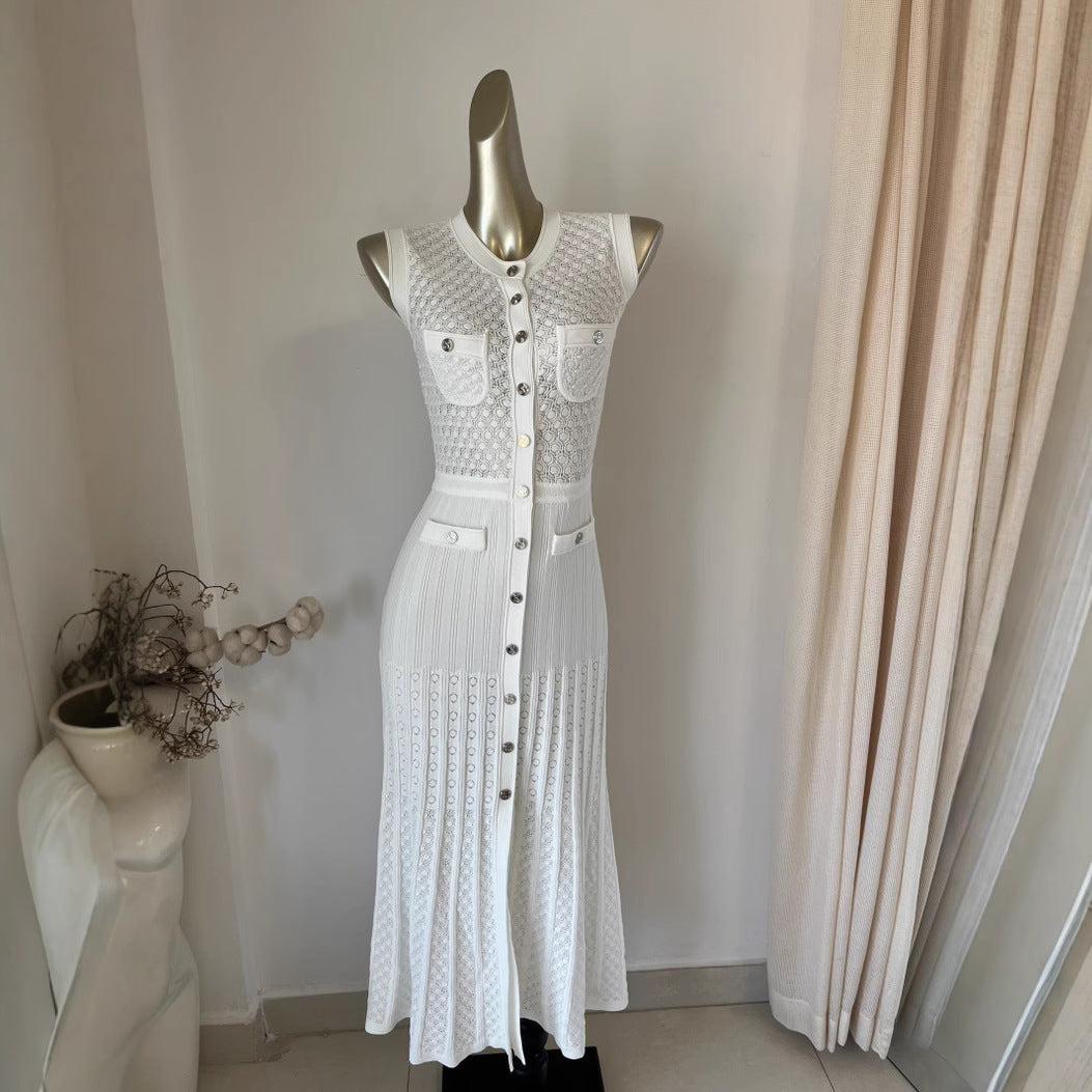 Vestido elegante de punto sin mangas con aberturas para mujer - Midi de poliéster de moda