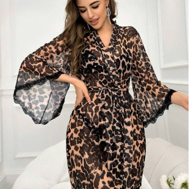 Women Fashion Leopard Mesh Long-Sleeve Pajama Set
