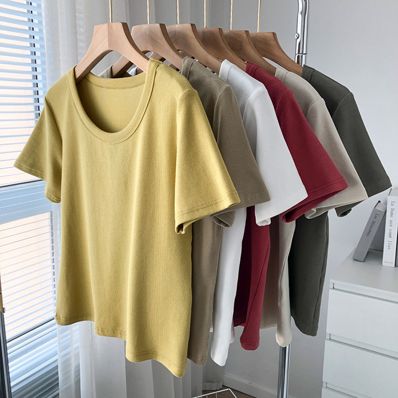 Fashion Basic Women Solid Color Rib-Knit Short Sleeve Blank T-Shirt