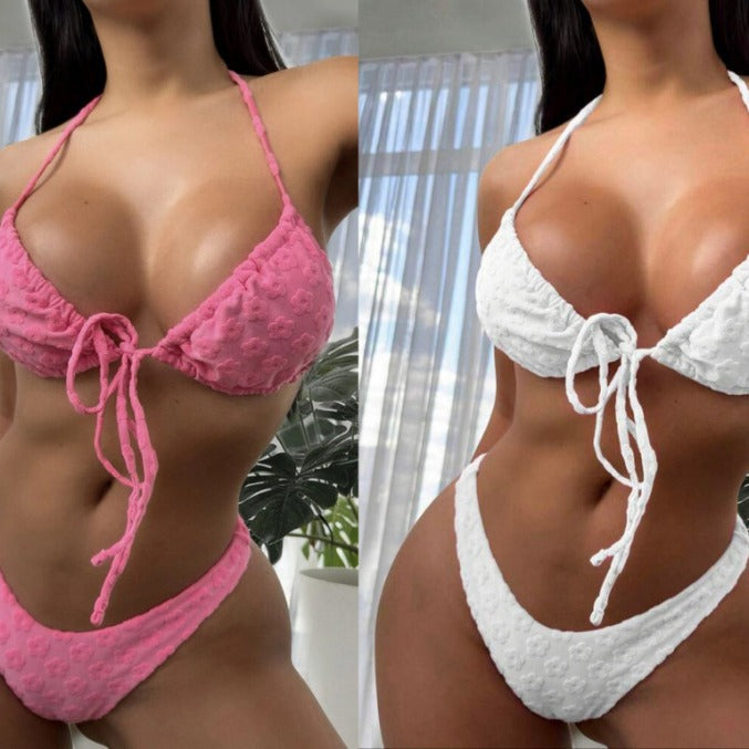 Traje de baño de bikini con cuello halter floral de color sólido para mujer