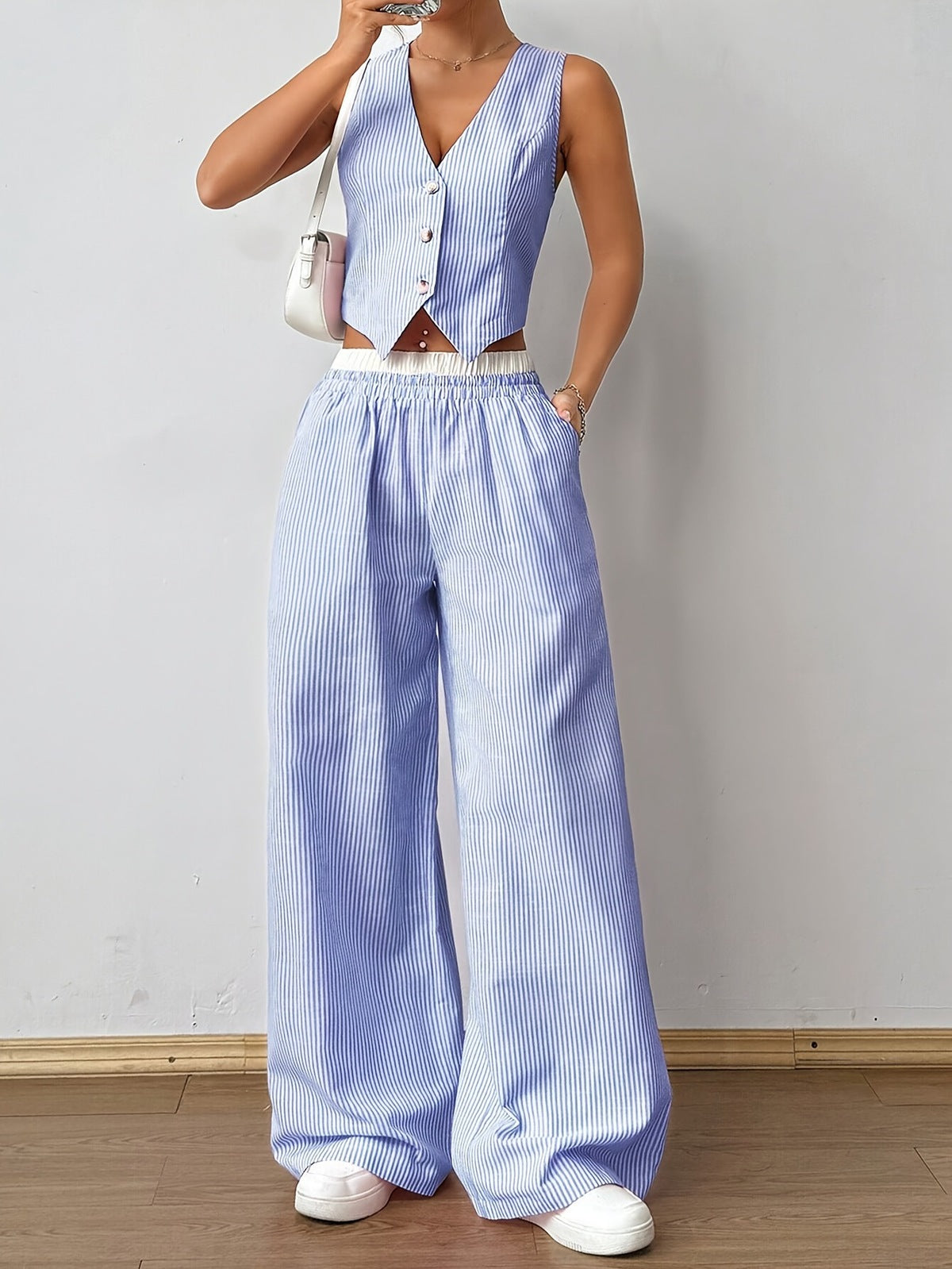 Conjunto de dos piezas con estampado de rayas para mujer, sin mangas, cuello en V y pierna ancha