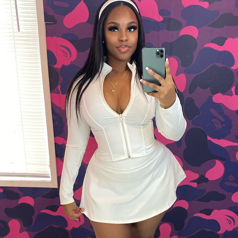 Women Fashion Long-Sleeve Zipper Top and Tight Skirt Set