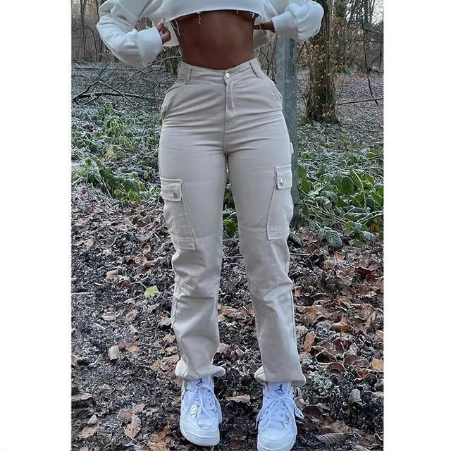 Pantalones ajustados informales de color liso con múltiples bolsillos y muy elásticos para mujer