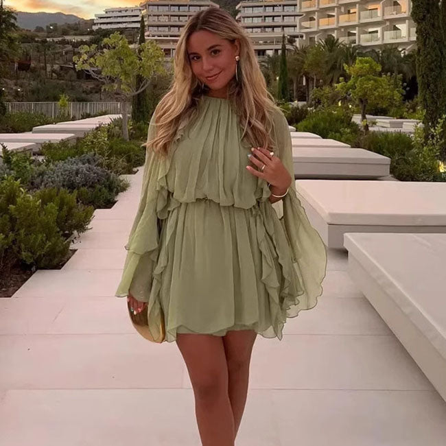 Vestido mini de verano con volantes y manga larga para playa para mujer