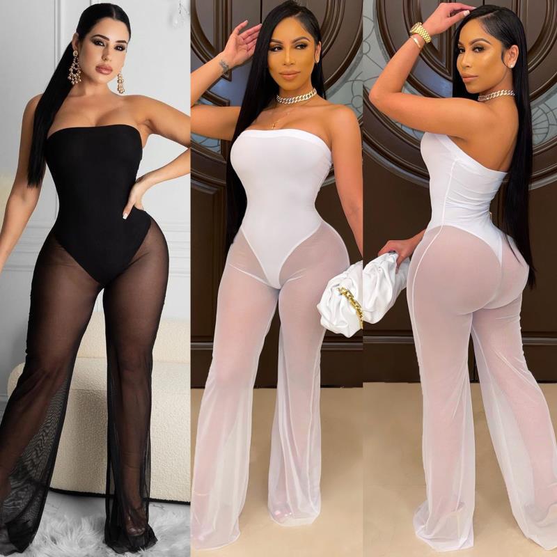 Monos de pierna ancha con top de tubo de malla sexy a la moda para mujer