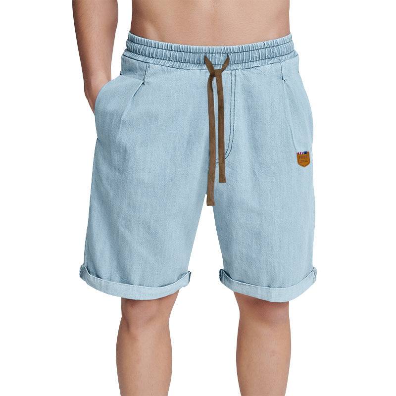 Men Casual Solid Color Drawstring Cotton Denim Shorts