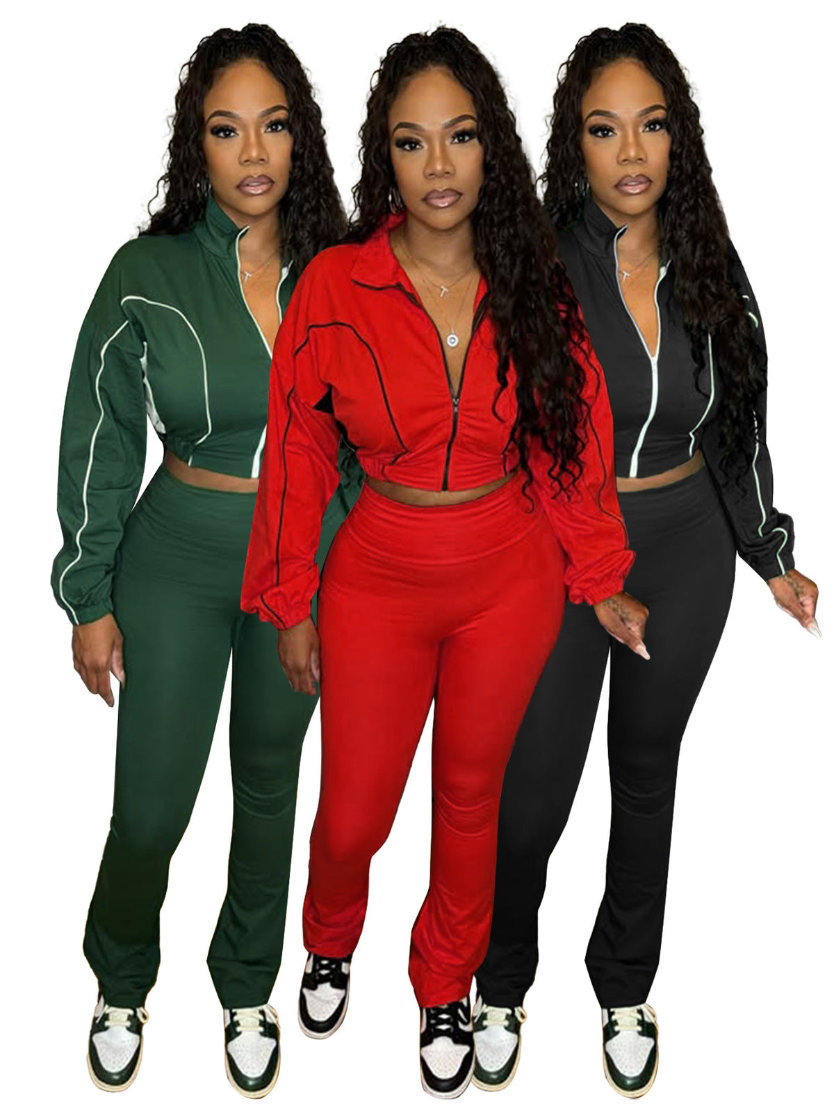 Fashion Women Double Stitching Contrast Color Zipper Crop Top and Wide-Leg Pants Set