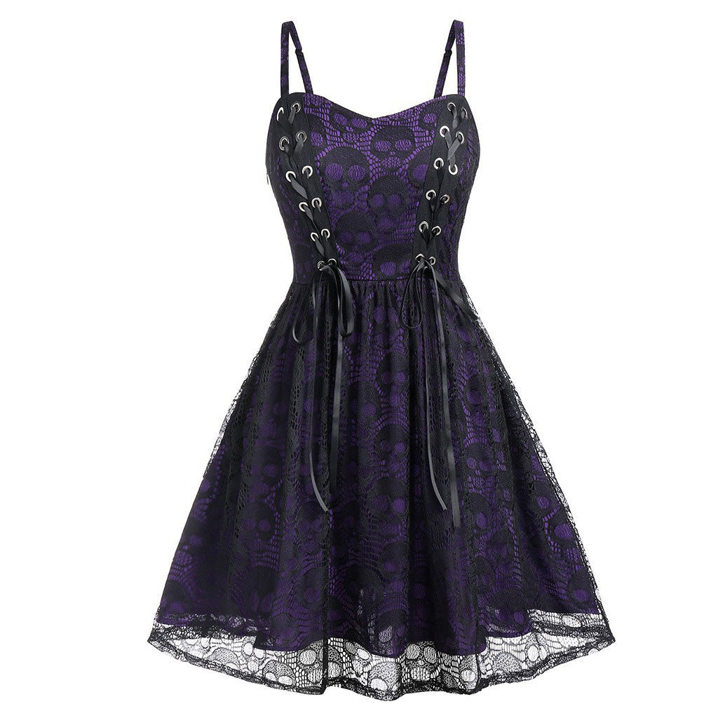Women Fashion Retro Gothic Lace Splice Skull Dress