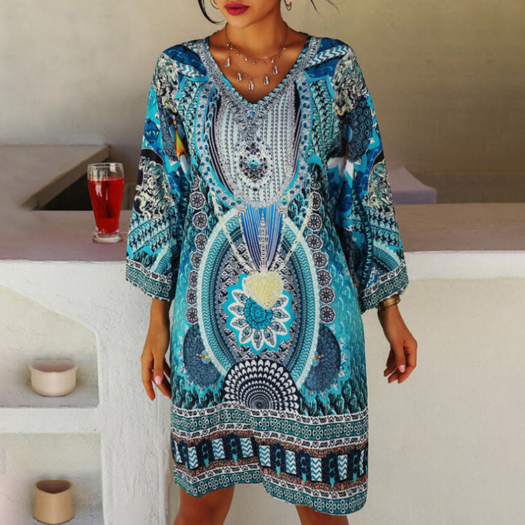 Spring Boho Graphic Print Women Plus Size Long Sleeved V Neck Casual Dress