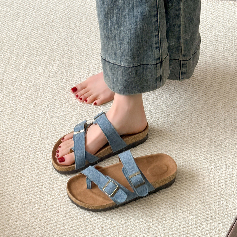 Women Summer Retro Cork Slippers With Suede Upper