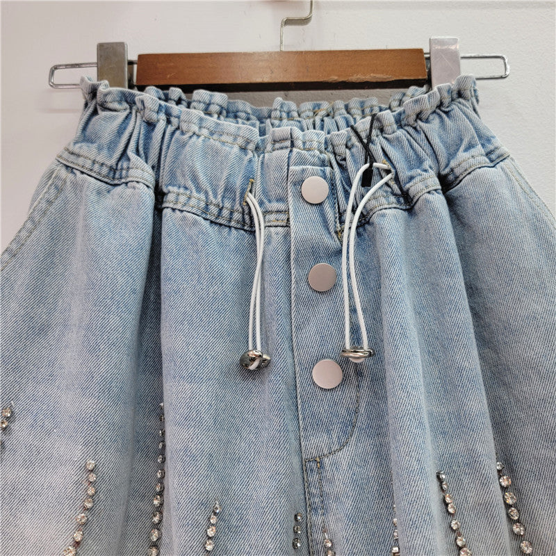 Pantalones cortos vaqueros de cintura alta con cuentas y diamantes de imitación para mujer