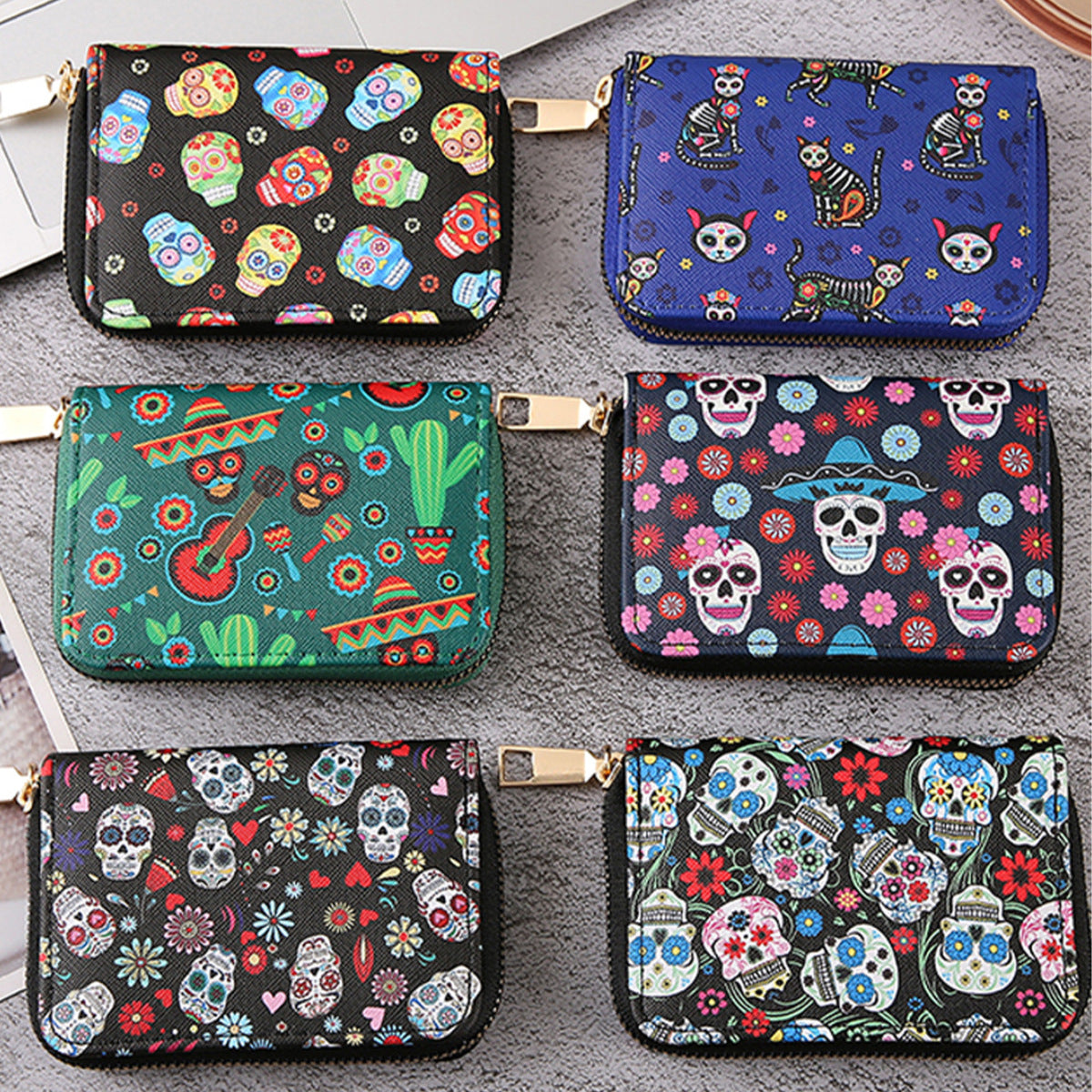 Halloween Women Cartoon Multicolor Skull Zipper Wallet