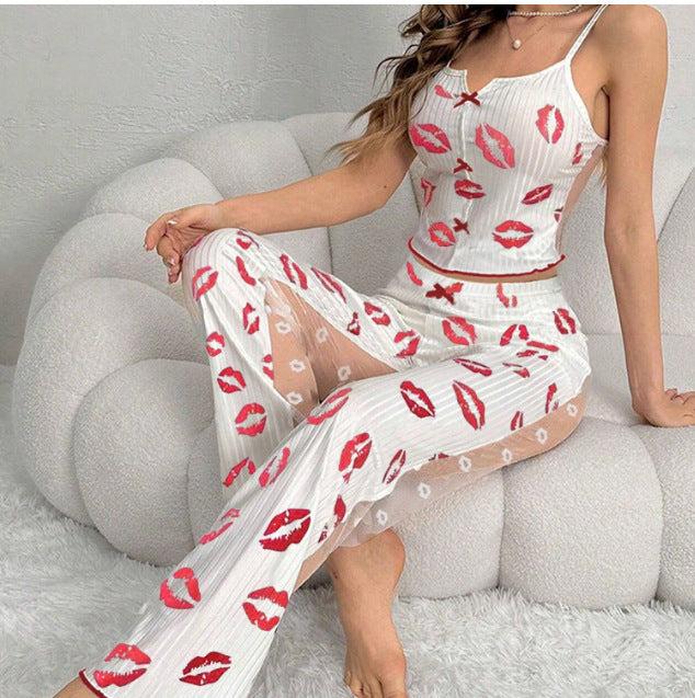 Conjunto de pijama sexy con camisola estampada y pantalones empalmados para mujer
