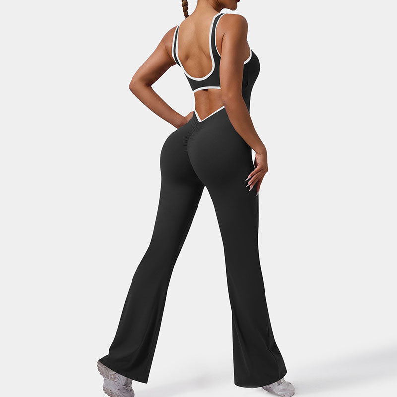 Contrast Color Yoga Backless Running Jumpsuits for Women