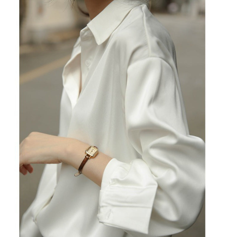Women Casual Satin Long-Sleeve Blouse with Lapel