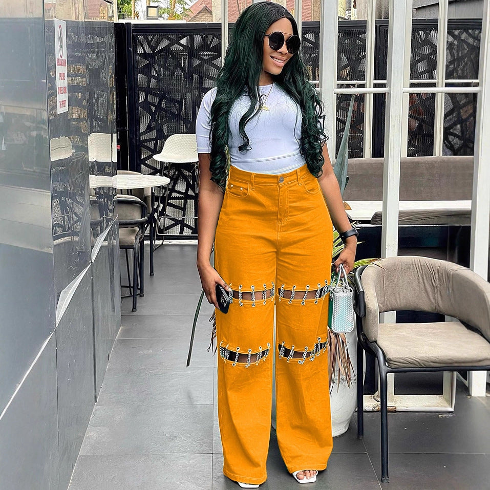 Women Fashion Chain High Waist Jeans