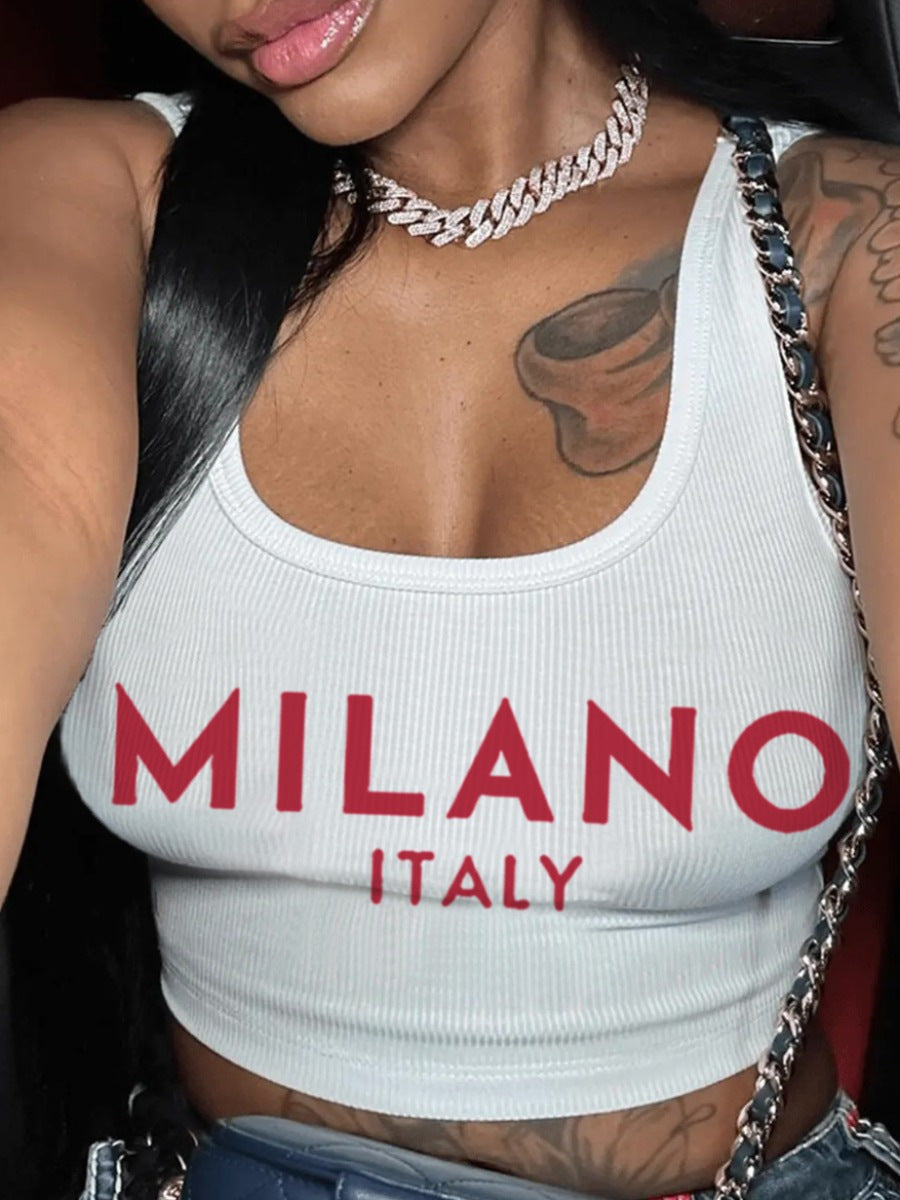 Top corto sexy de licra con cuello en U y estampado de letras para mujer