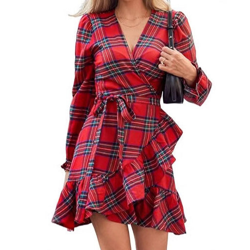 Vestido informal con cuello en V y estampado a cuadros para mujer