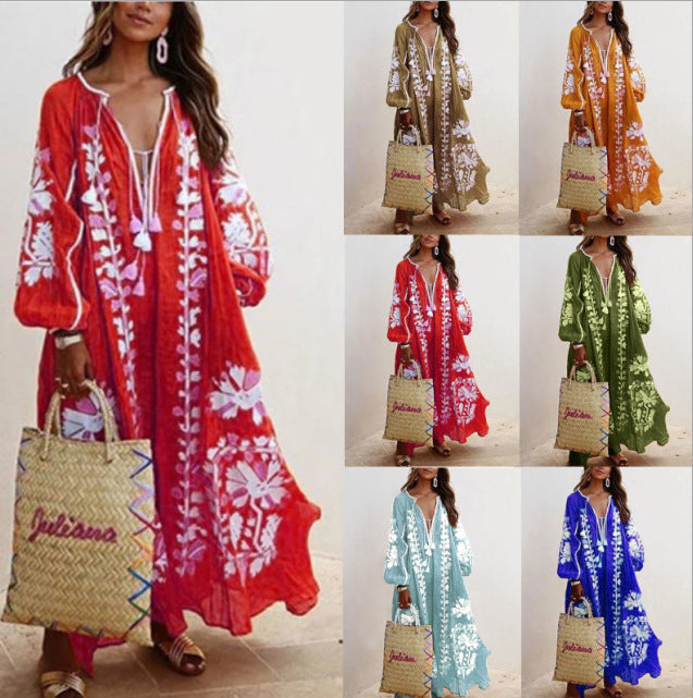 Bohemian Women Casual Vintage Loose Long Sleeve Dress
