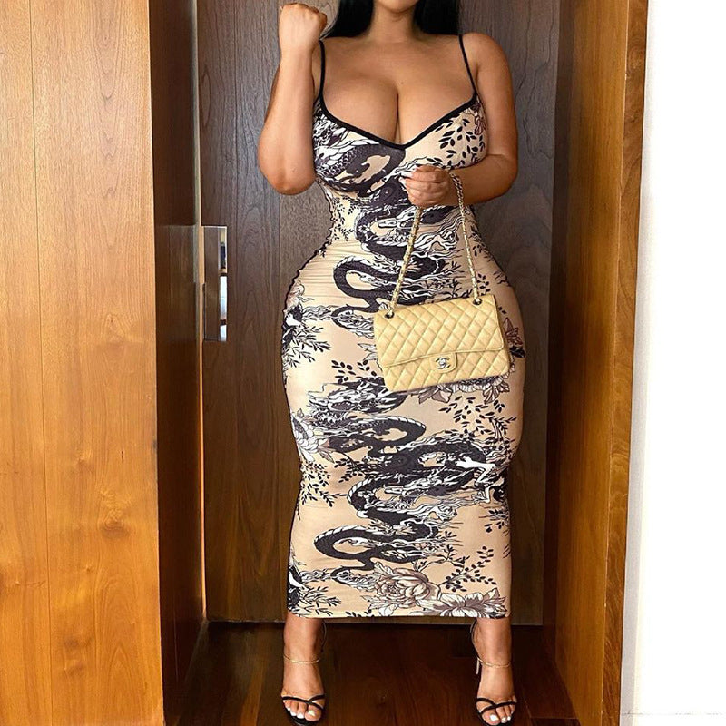 Vestido maxi ajustado con tirantes y estampado sexy para mujer, sin mangas, cintura alta, poliéster