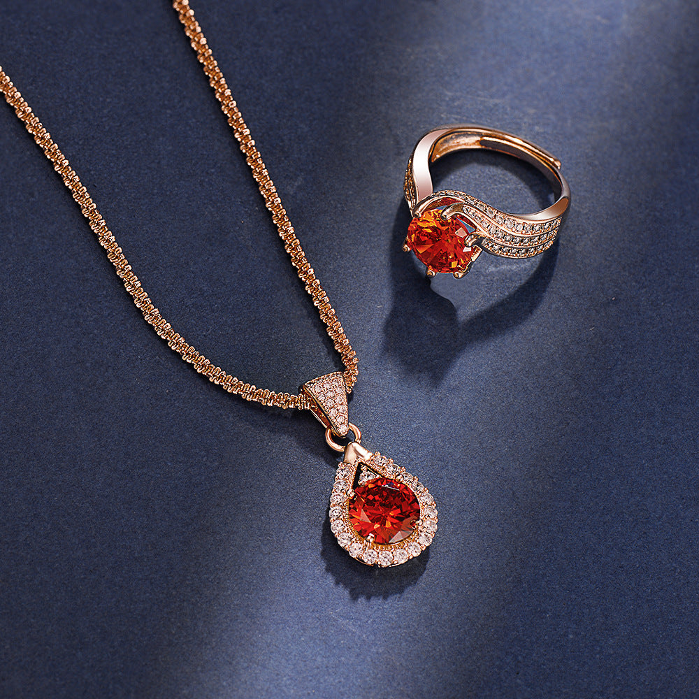 Women Fashion Elegant Garnet Red Zircon Ring Necklace Set