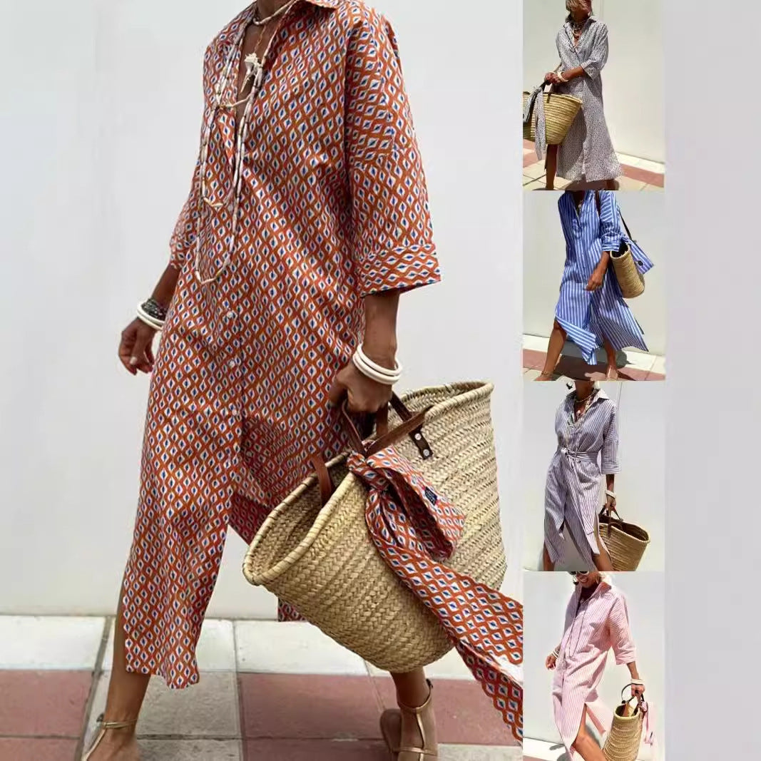 Women Casual Printed Single-Breasted Shirt Dress