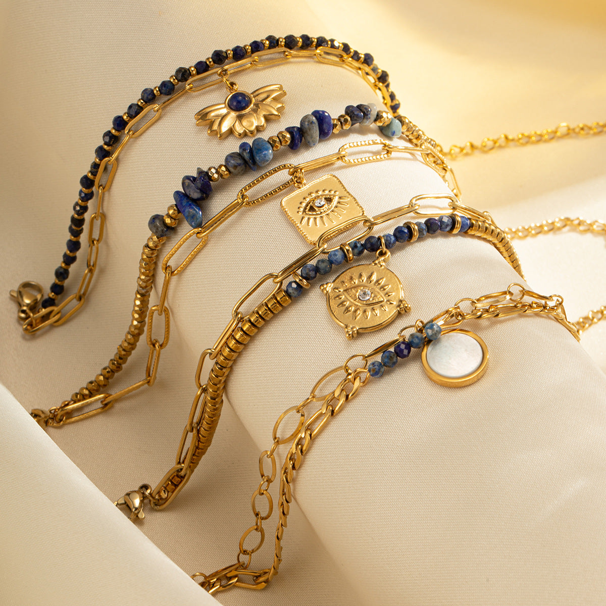 Pulsera bohemia de cuentas de acero y titanio de doble capa