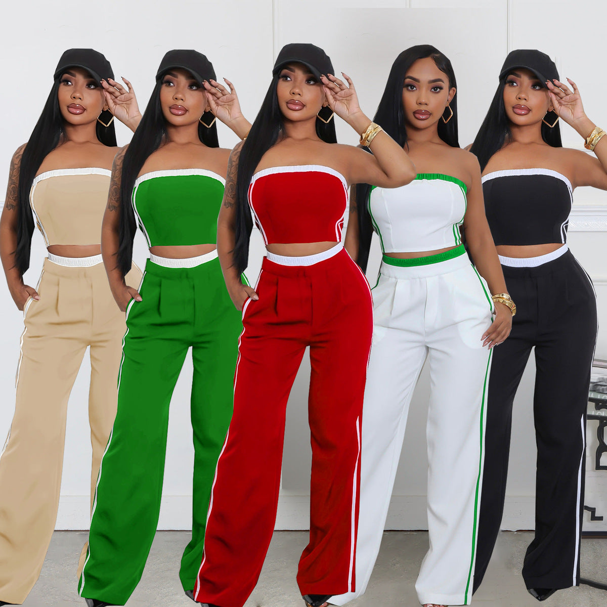 Ensemble haut sans bretelles et pantalon large à coutures contrastées pour femme