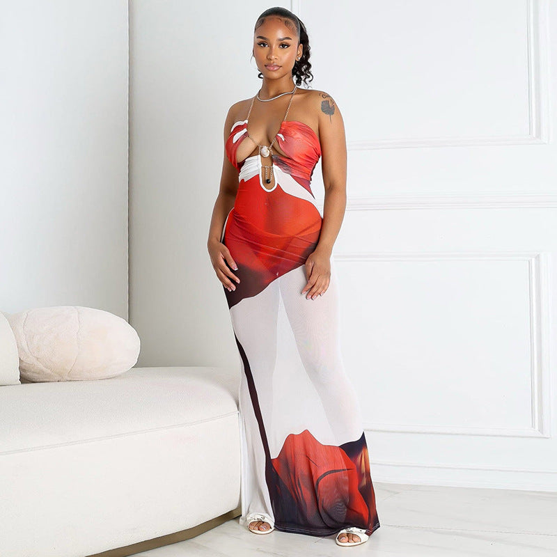 Robe sexy à imprimé floral et chaîne coquillages pour femme