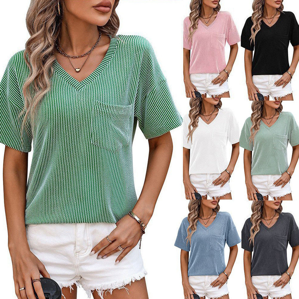 Camiseta informal de verano para mujer con cuello en V y rayas onduladas