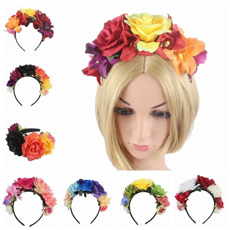 Bandeau de fleurs roses en tissu rétro pour fête d'Halloween