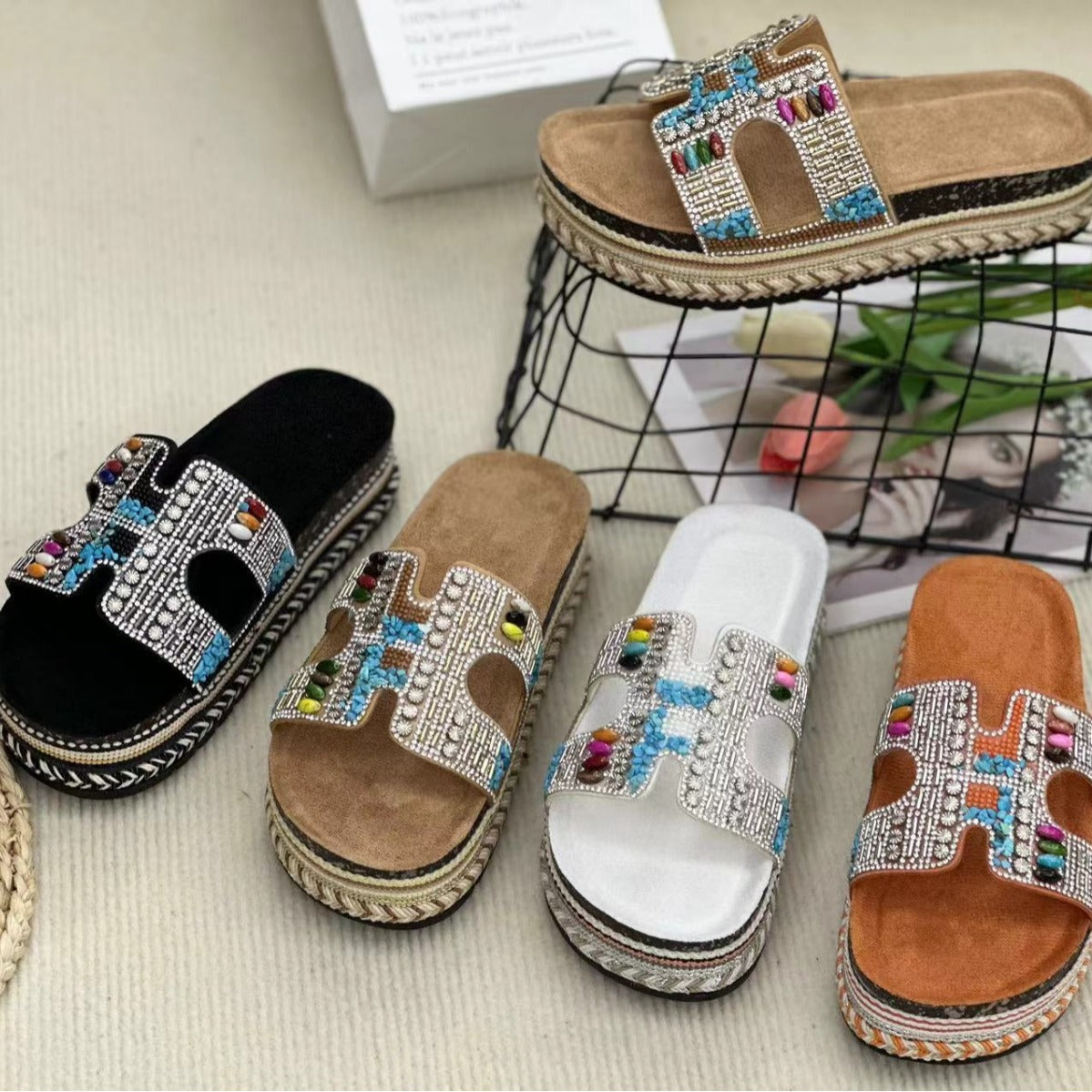 Pantuflas informales tejidas con diamantes de imitación a la moda para mujer