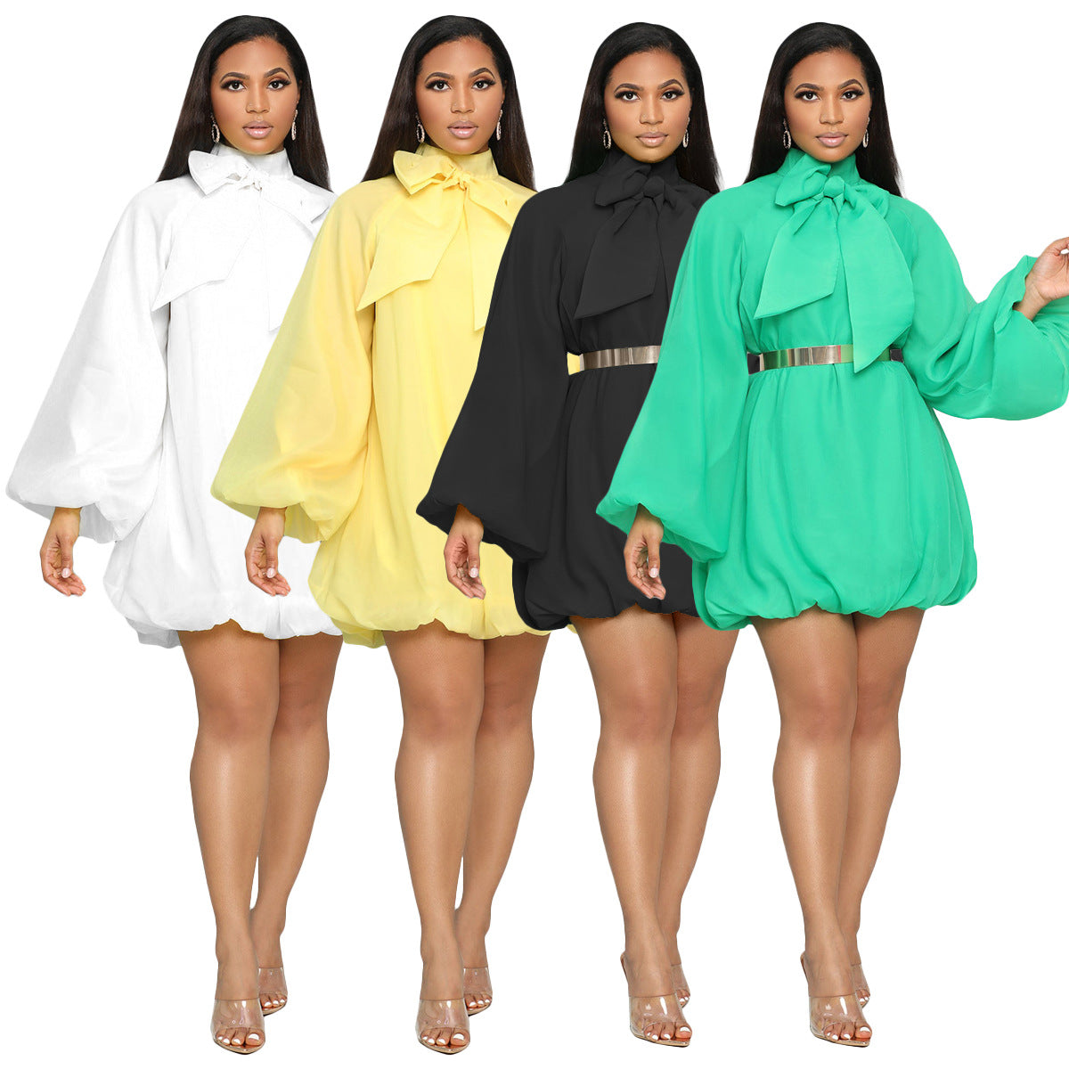Women Fashion Solid Color Bow Puff Sleeve Chiffon Dress