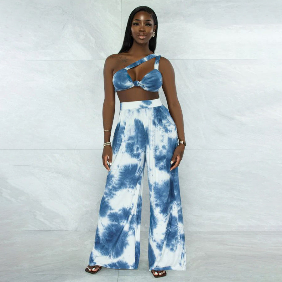 Conjunto de top con estampado tie-dye y pantalón ancho para mujer