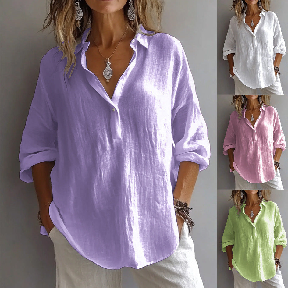 Chemisier à manches longues et col en V pour femme, couleur unie, coupe ample et décontractée, en coton et lin