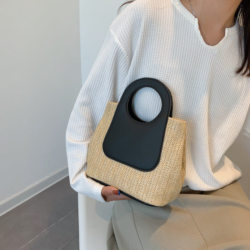 Women Casual Straw Woven Handbag with Contrast Color Stitching