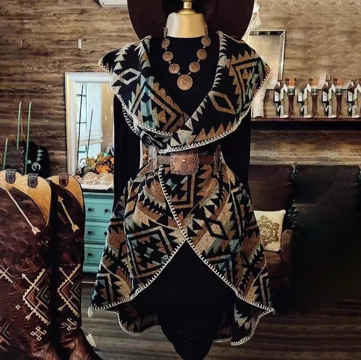 Abrigo de lana de imitación con diseño geométrico occidental retro de moda para mujer